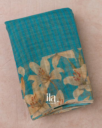Teal Blue Striped Floral Printed Semi Linen Saree