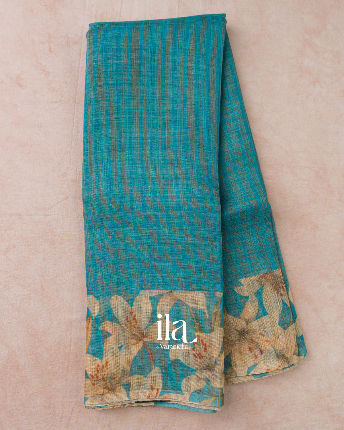 Teal Blue Striped Floral Printed Semi Linen Saree