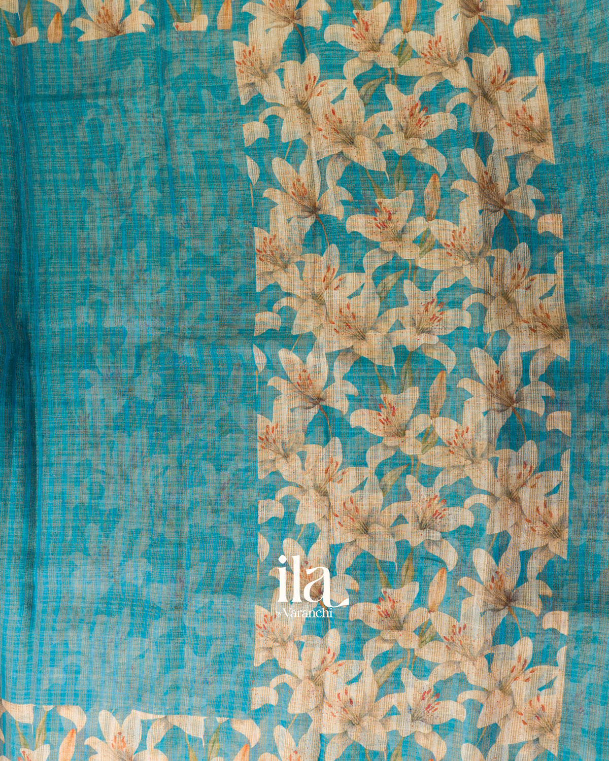 Teal Blue Striped Floral Printed Semi Linen Saree