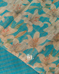 Teal Blue Striped Floral Printed Semi Linen Saree
