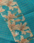 Teal Blue Striped Floral Printed Semi Linen Saree