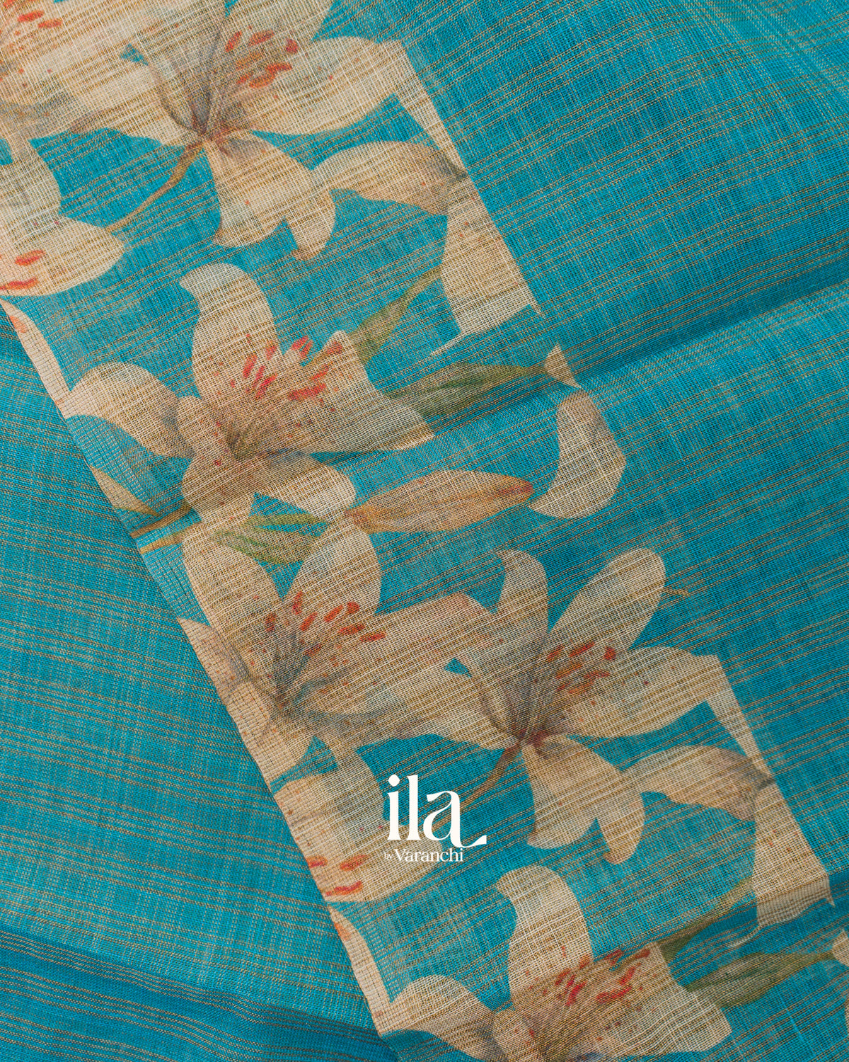 Teal Blue Striped Floral Printed Semi Linen Saree