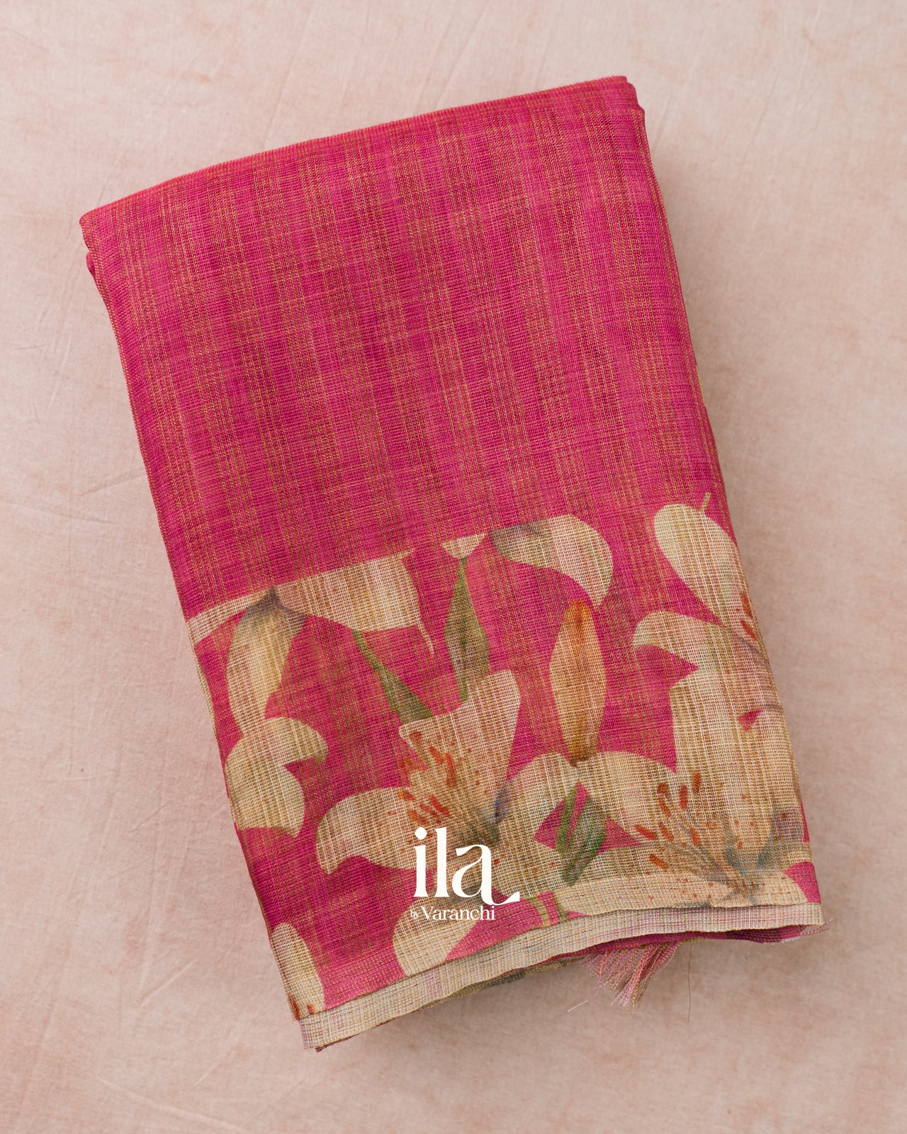 Rani Pink Striped Floral Printed Semi Linen Saree