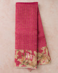 Rani Pink Striped Floral Printed Semi Linen Saree