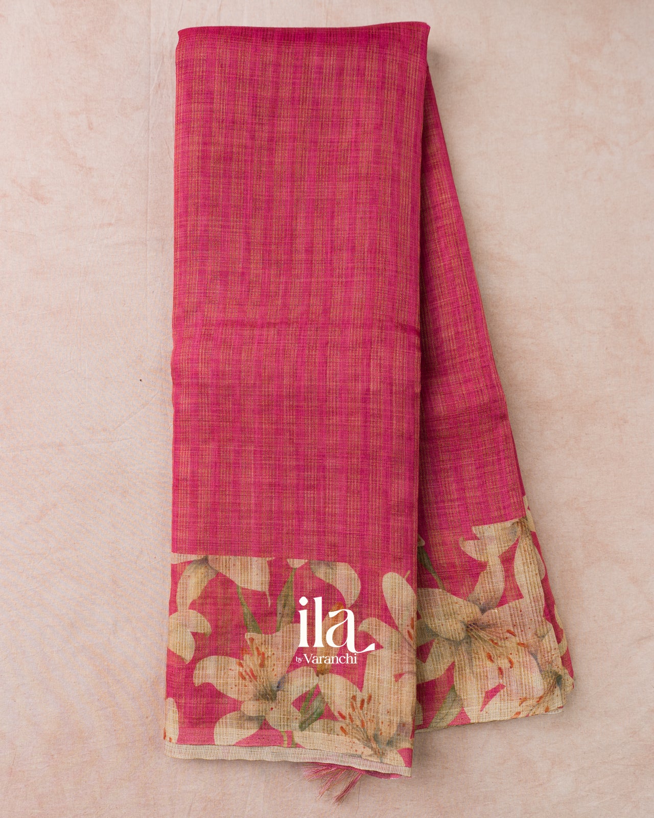 Rani Pink Striped Floral Printed Semi Linen Saree