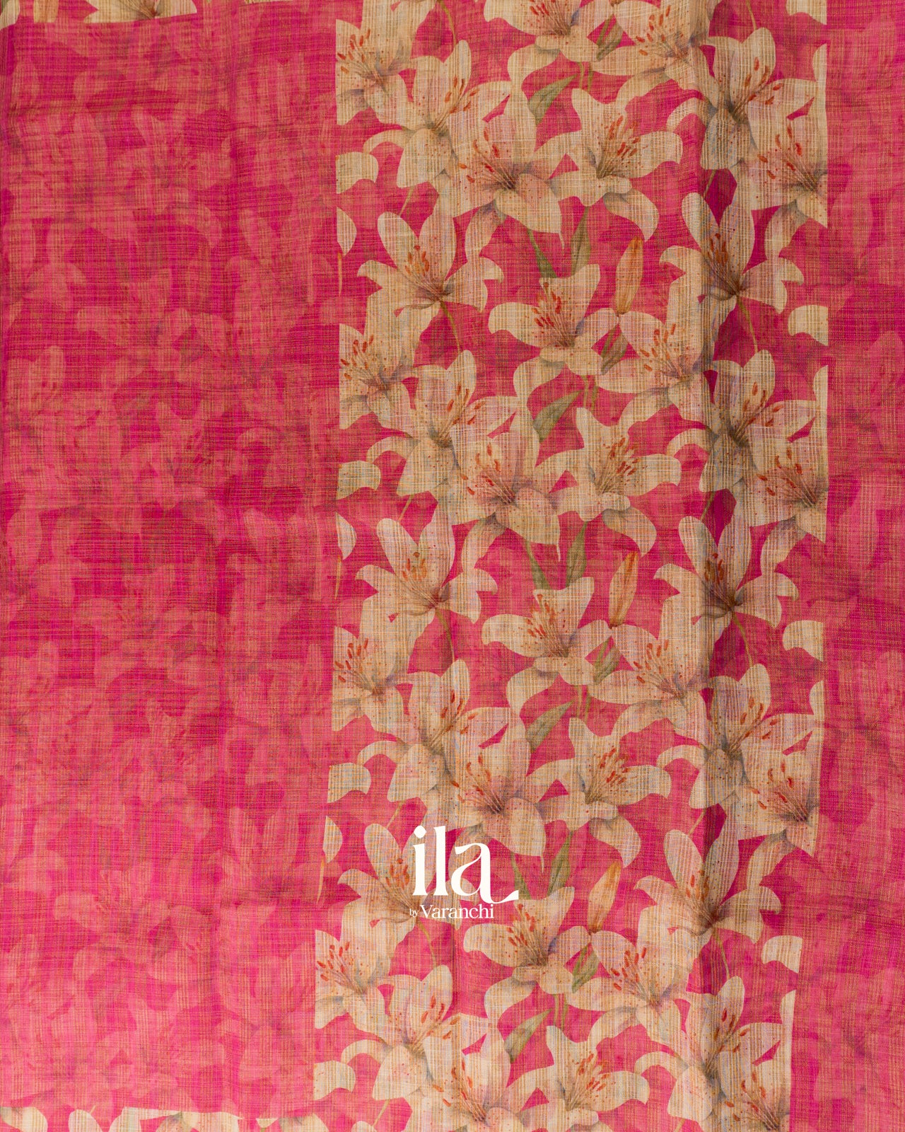 Rani Pink Striped Floral Printed Semi Linen Saree