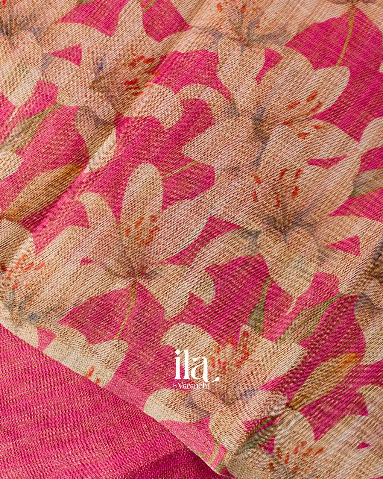 Rani Pink Striped Floral Printed Semi Linen Saree