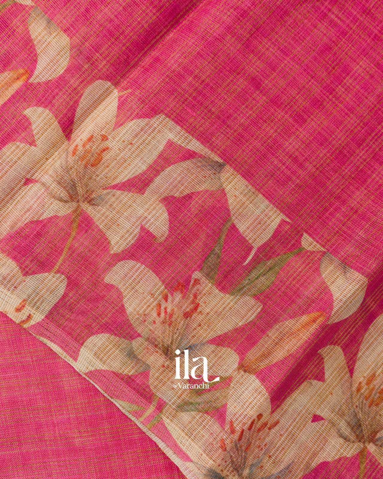Rani Pink Striped Floral Printed Semi Linen Saree