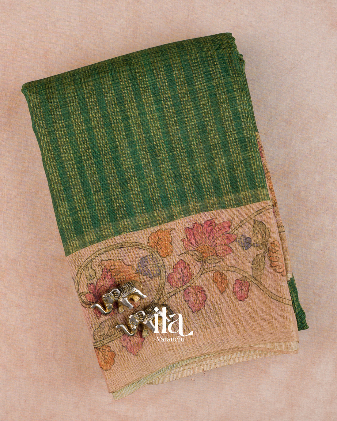 Bottle Green Checkered Kalamkari Semi Linen Tissue Saree