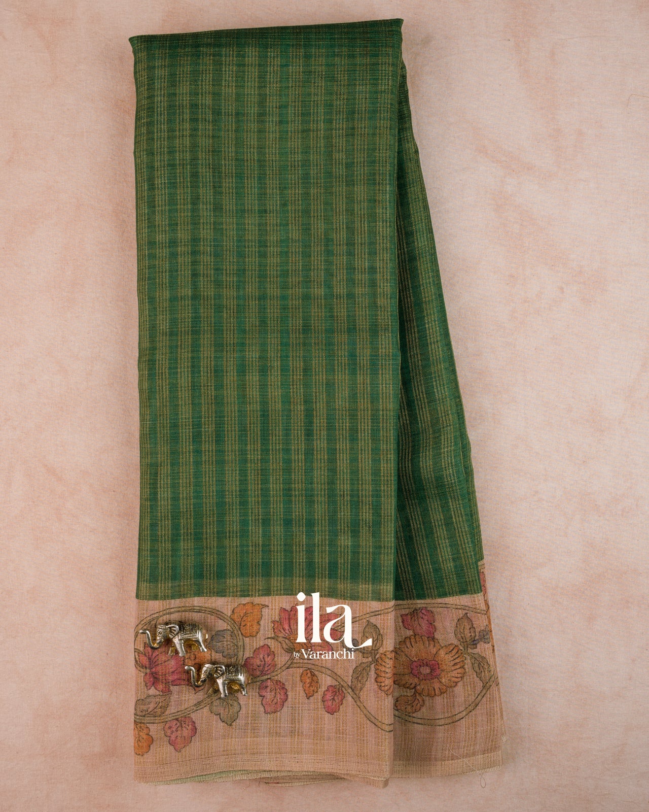Bottle Green Checkered Kalamkari Semi Linen Tissue Saree