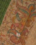 Bottle Green Checkered Kalamkari Semi Linen Tissue Saree