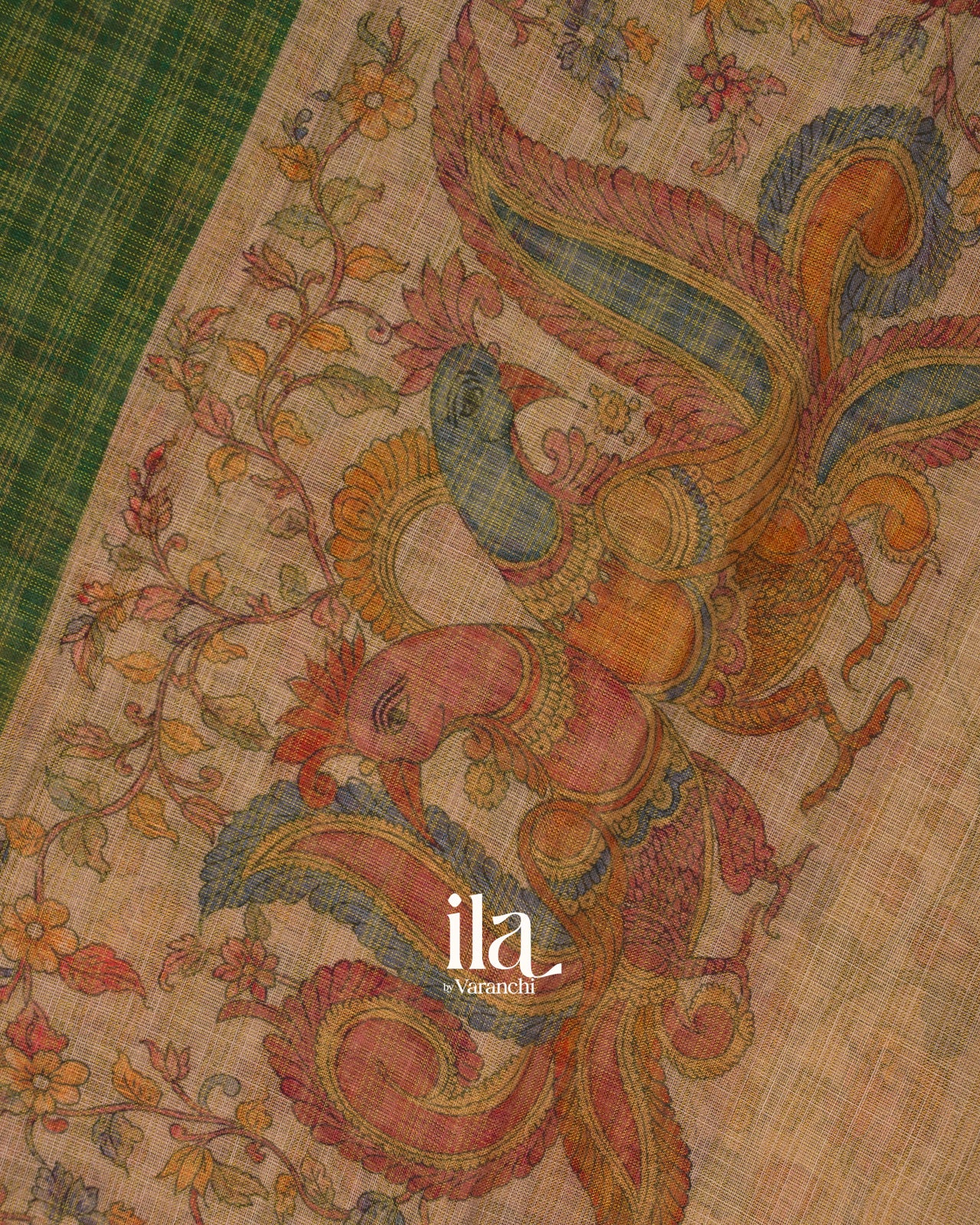 Bottle Green Checkered Kalamkari Semi Linen Tissue Saree