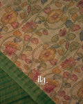 Bottle Green Checkered Kalamkari Semi Linen Tissue Saree