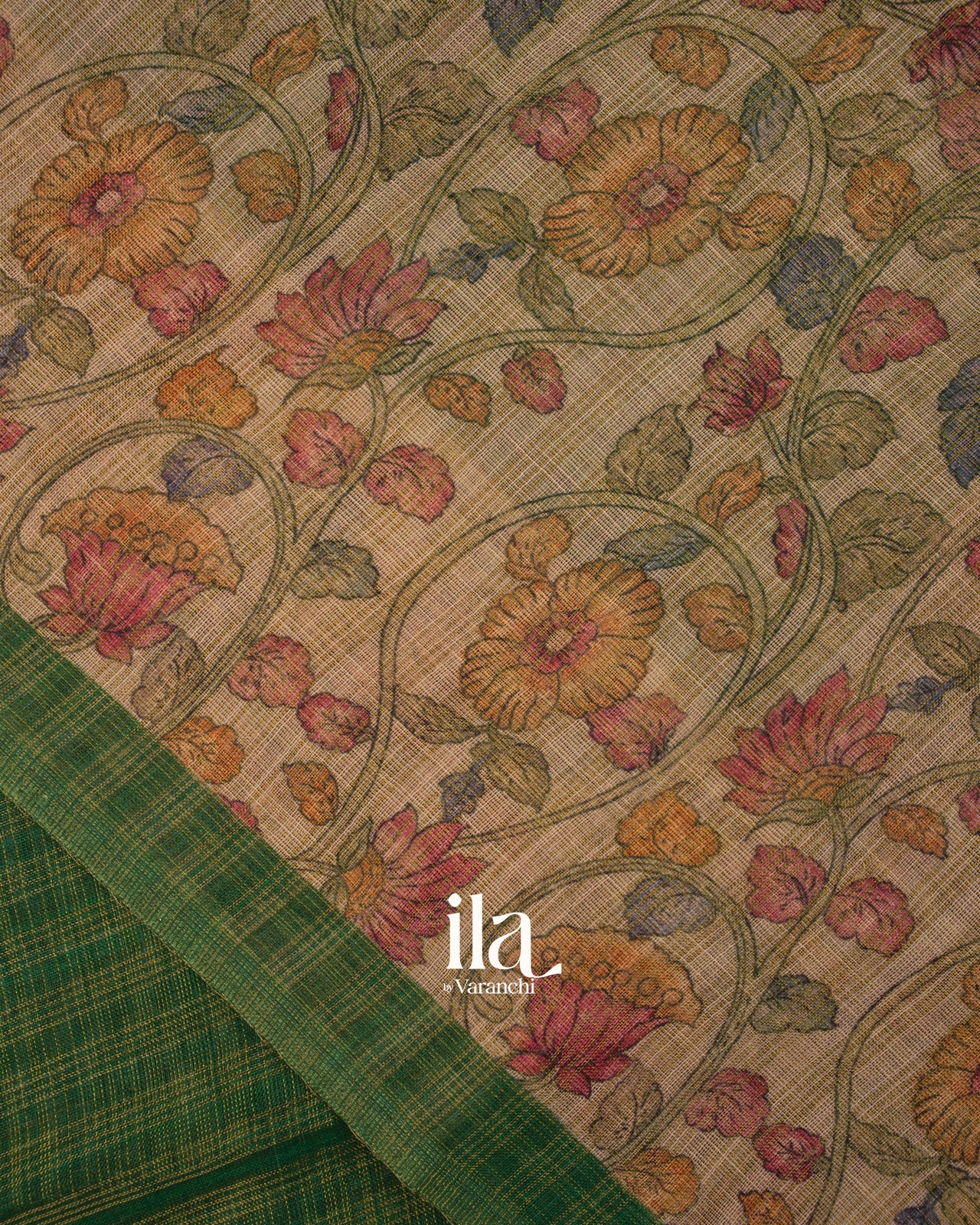 Bottle Green Checkered Kalamkari Semi Linen Tissue Saree