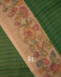 Bottle Green Checkered Kalamkari Semi Linen Tissue Saree