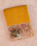 Mustard Checkered Kalamkari Semi Linen Tissue Saree