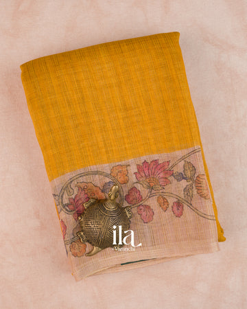 Mustard Checkered Kalamkari Semi Linen Tissue Saree