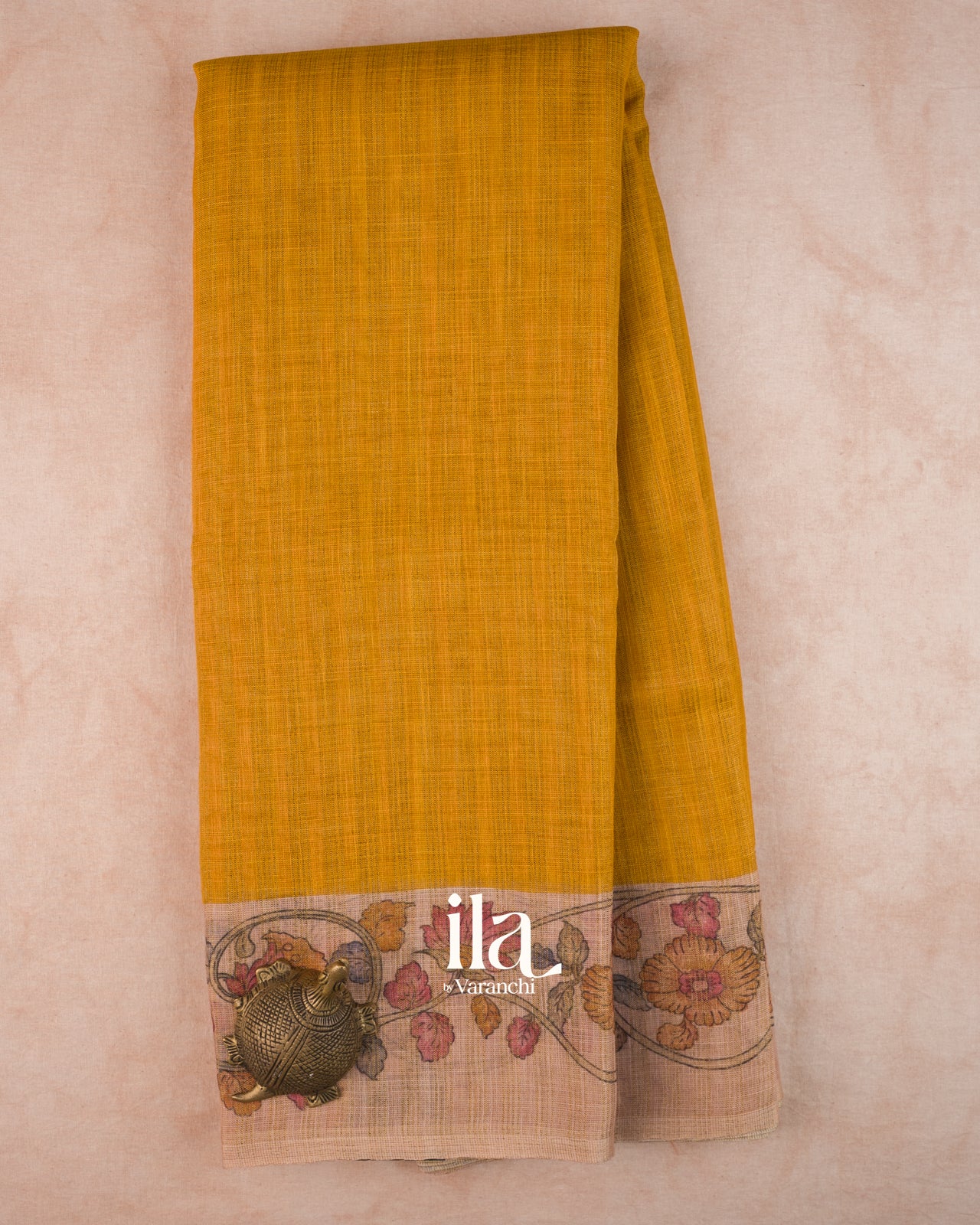 Mustard Checkered Kalamkari Semi Linen Tissue Saree