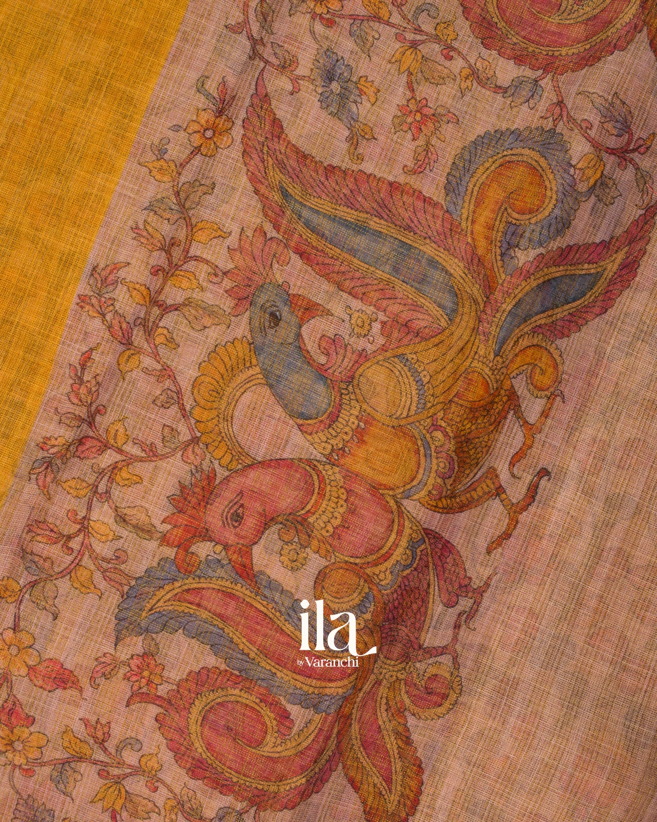 Mustard Checkered Kalamkari Semi Linen Tissue Saree