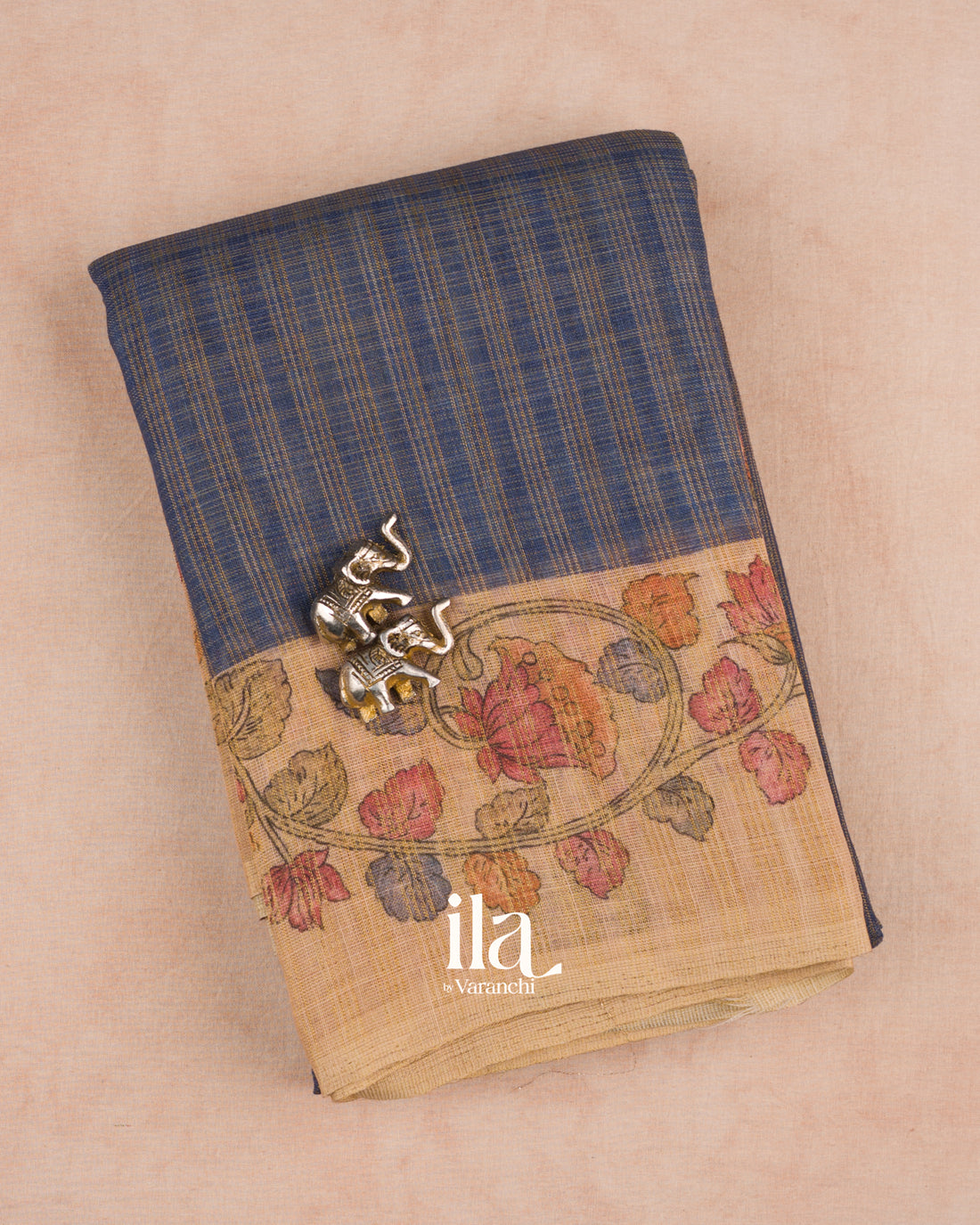 Navy Blue Checkered Kalamkari Semi Linen Tissue Saree — Folded