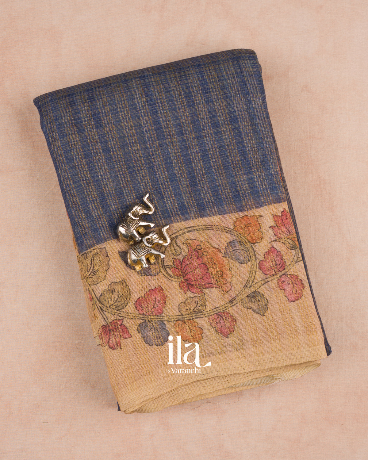 Navy Blue Checkered Kalamkari Semi Linen Tissue Saree — Folded