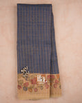 Navy Blue Checkered Kalamkari Semi Linen Tissue Saree — Full Saree