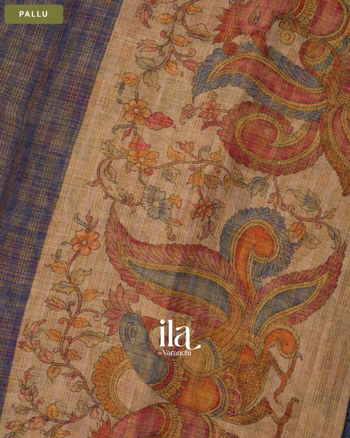 Navy Blue Checkered Kalamkari Semi Linen Tissue Saree — Pallu