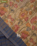 Navy Blue Checkered Kalamkari Semi Linen Tissue Saree — Blouse