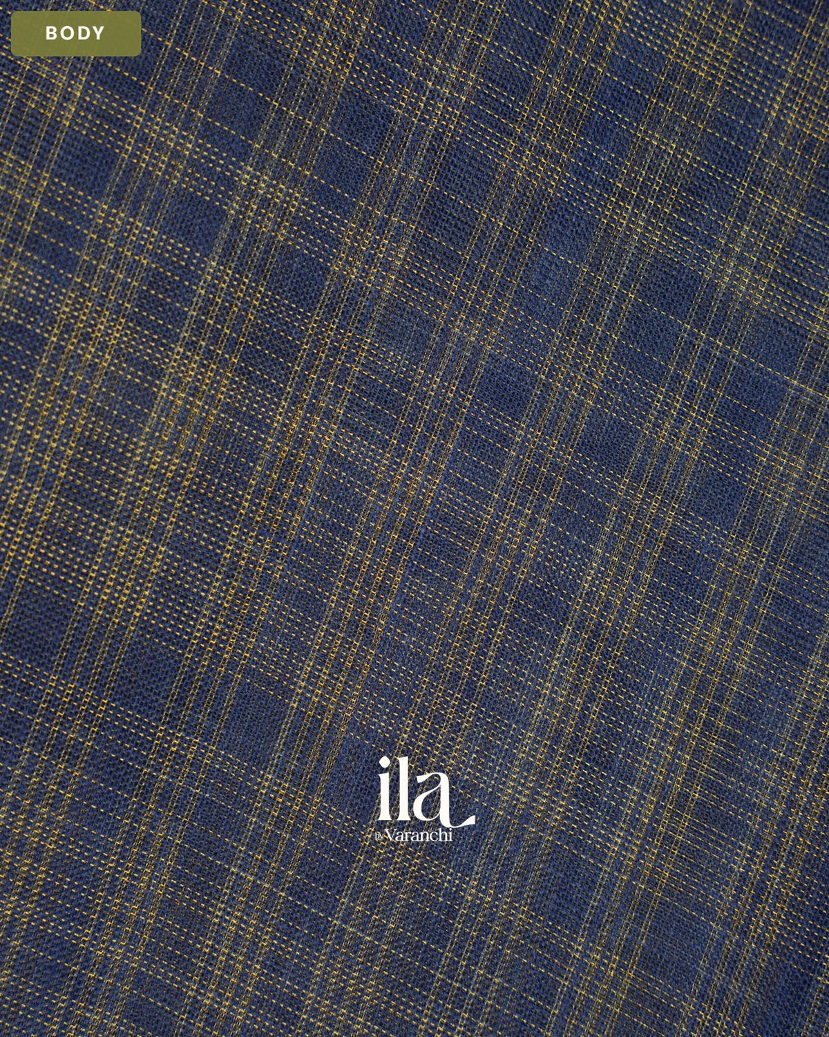 Navy Blue Checkered Kalamkari Semi Linen Tissue Saree — Body