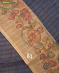 Navy Blue Checkered Kalamkari Semi Linen Tissue Saree — Border