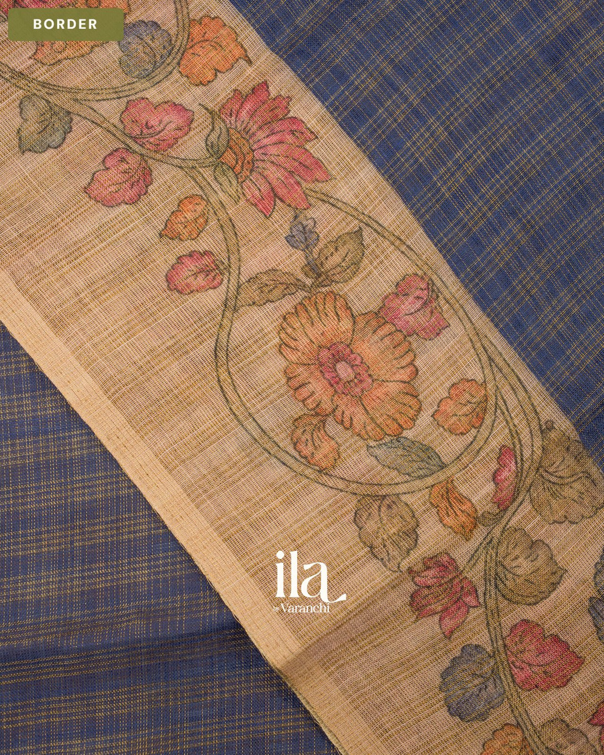 Navy Blue Checkered Kalamkari Semi Linen Tissue Saree — Border