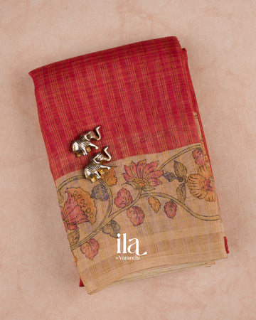 Maroon Checkered Kalamkari Semi Linen Tissue Saree — Folded