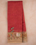 Maroon Checkered Kalamkari Semi Linen Tissue Saree — Full Saree