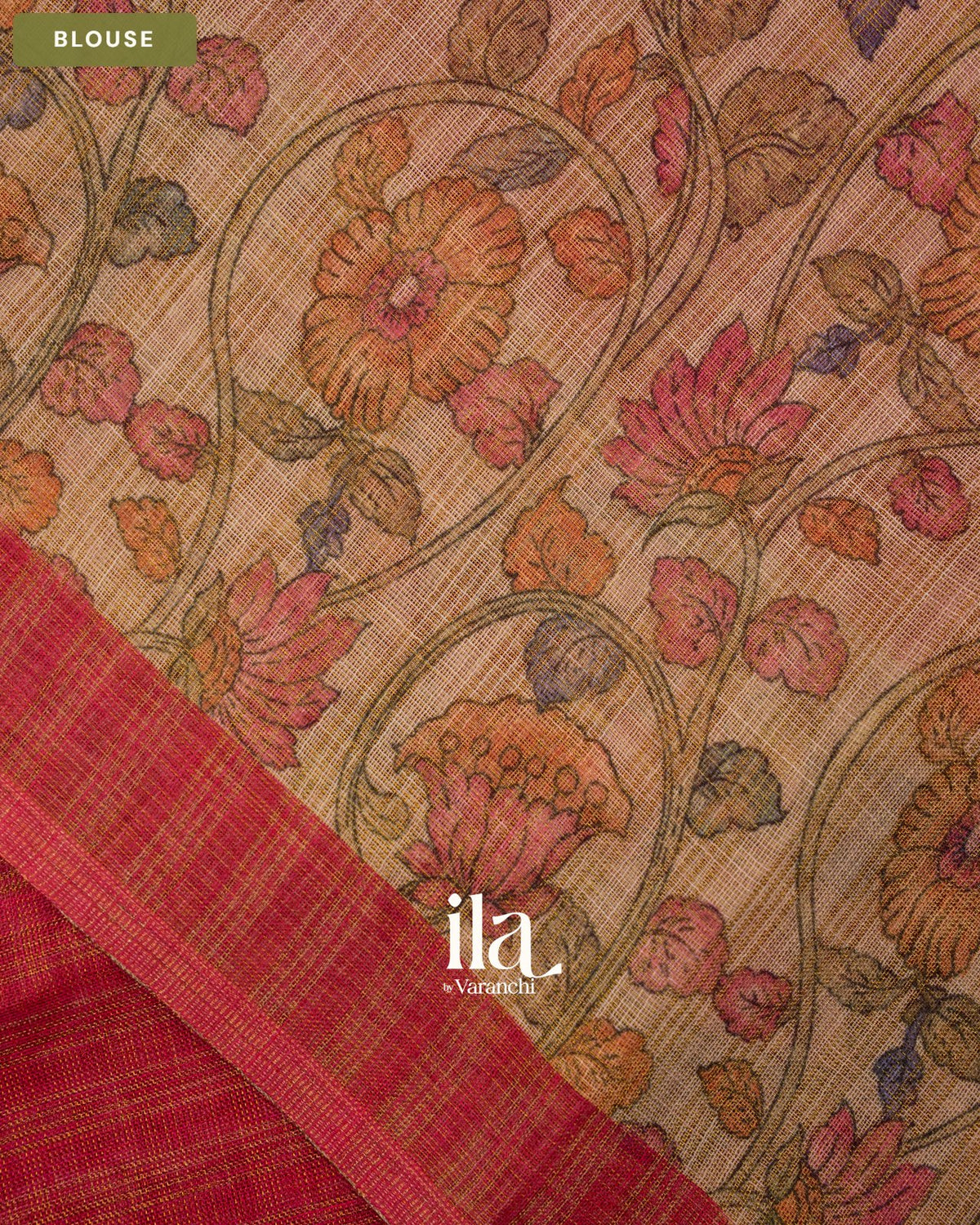 Maroon Checkered Kalamkari Semi Linen Tissue Saree — Blouse