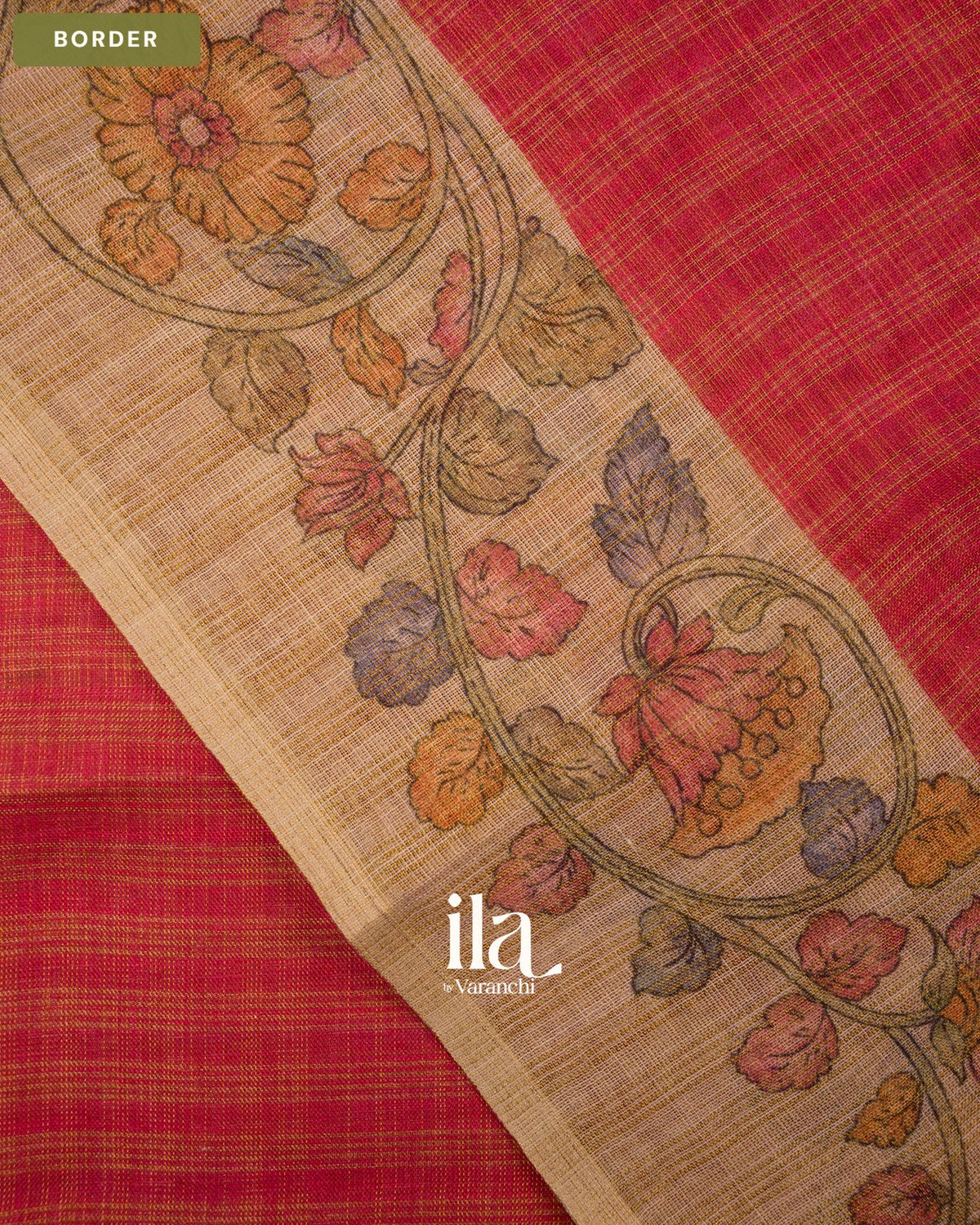 Maroon Checkered Kalamkari Semi Linen Tissue Saree — Border
