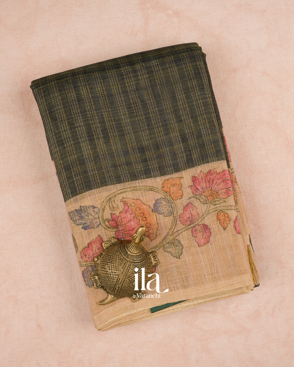Black Checkered Kalamkari Semi Linen Tissue Saree — Folded
