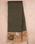 Black Checkered Kalamkari Semi Linen Tissue Saree — Full Saree