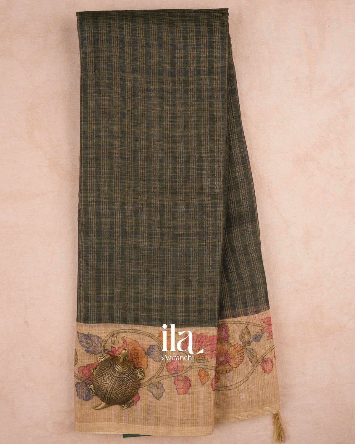 Black Checkered Kalamkari Semi Linen Tissue Saree — Full Saree