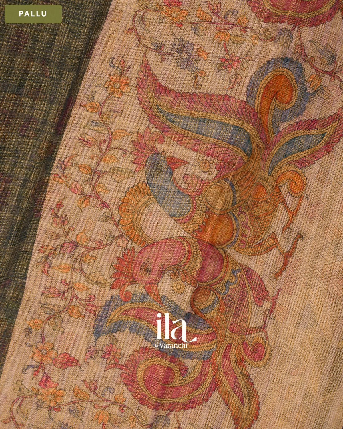 Black Checkered Kalamkari Semi Linen Tissue Saree — Pallu