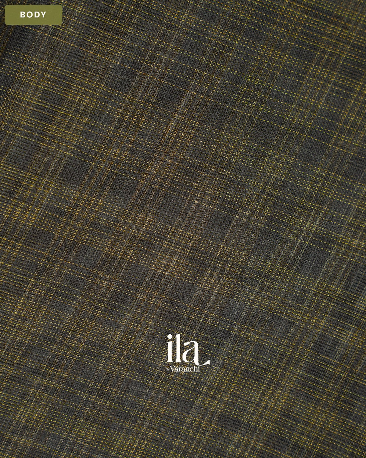 Black Checkered Kalamkari Semi Linen Tissue Saree — Body