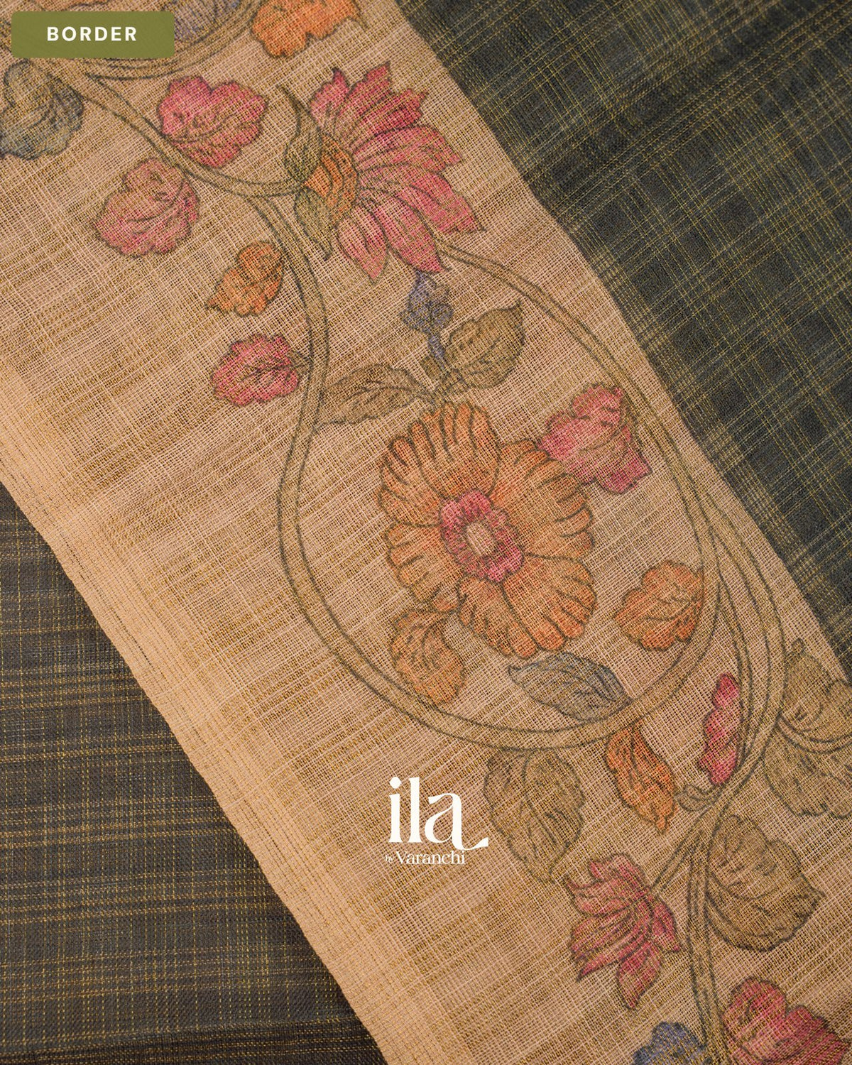 Black Checkered Kalamkari Semi Linen Tissue Saree — Border