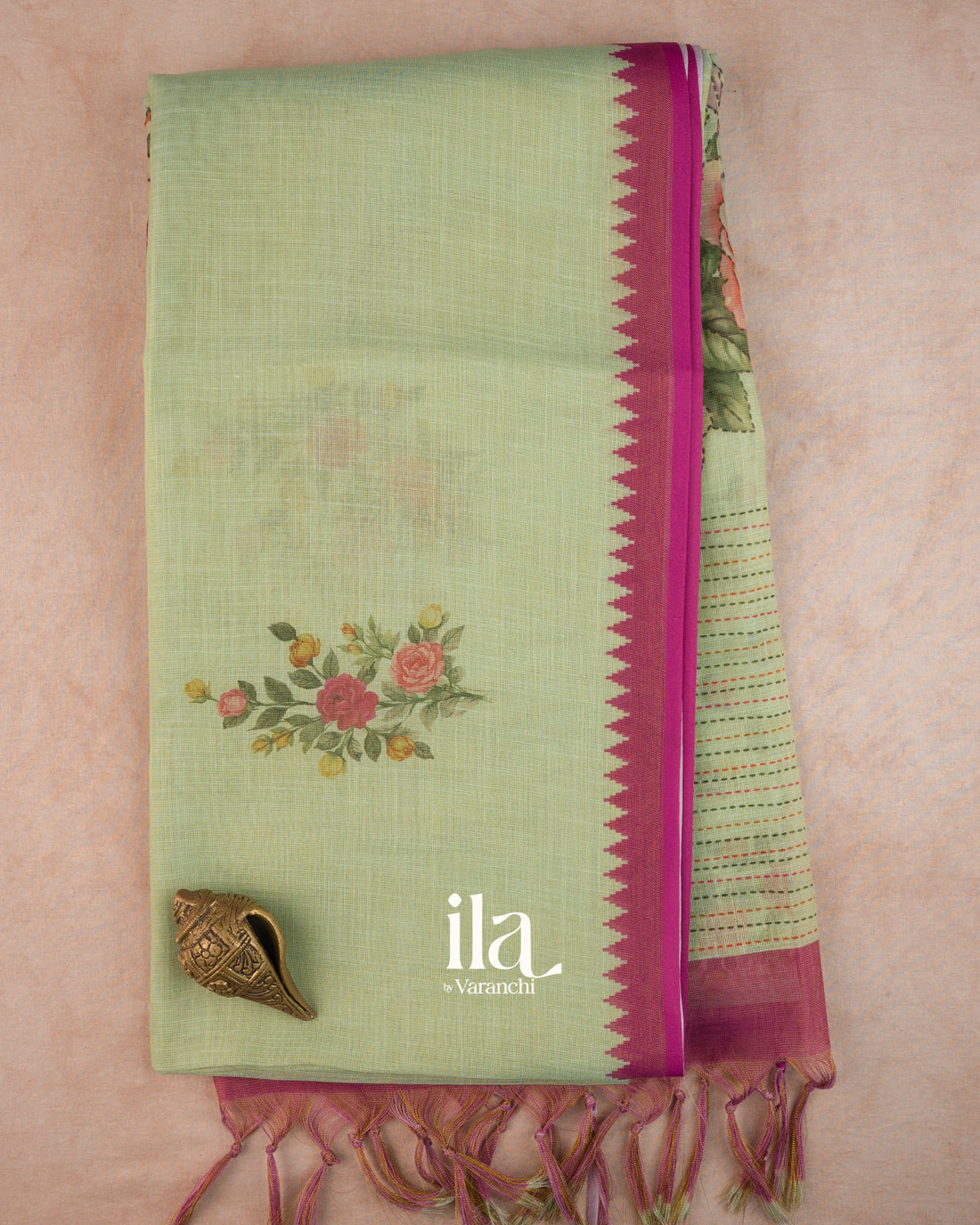 Pista Green Floral Printed Semi Linen Tissue Saree