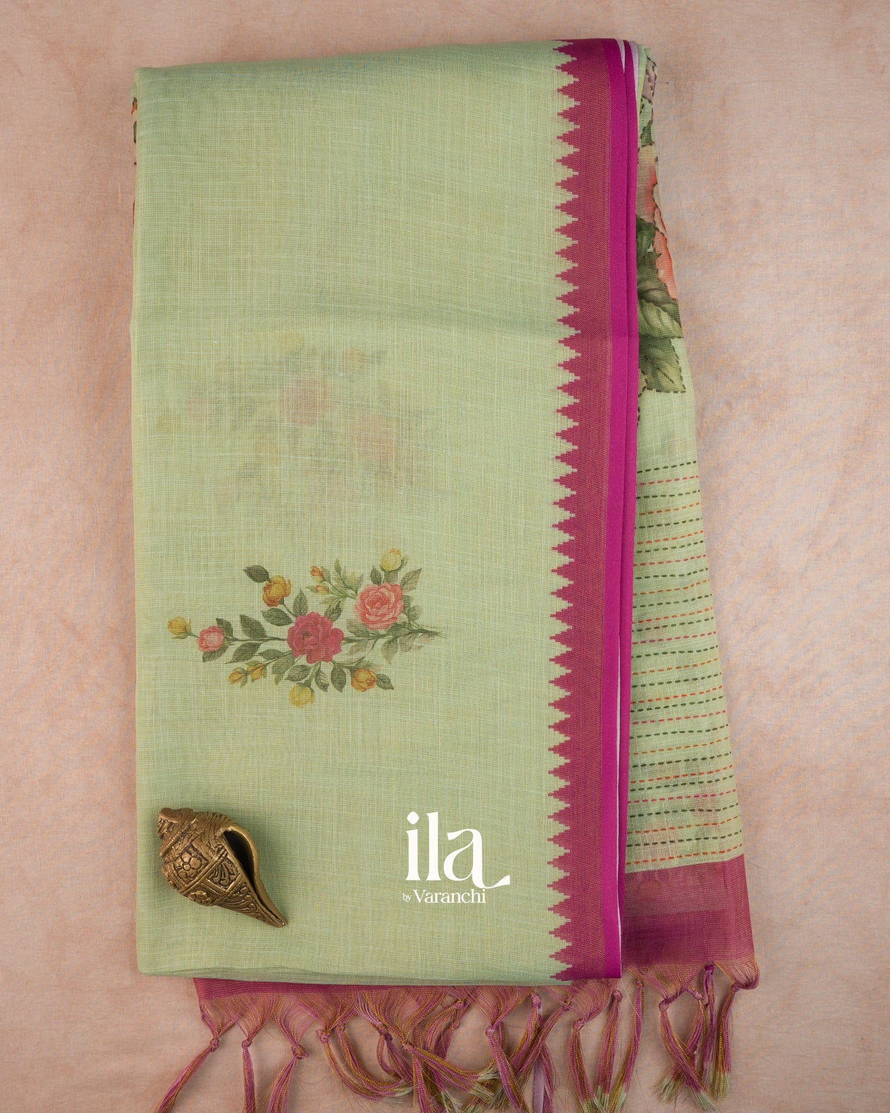 Pista Green Floral Printed Semi Linen Tissue Saree