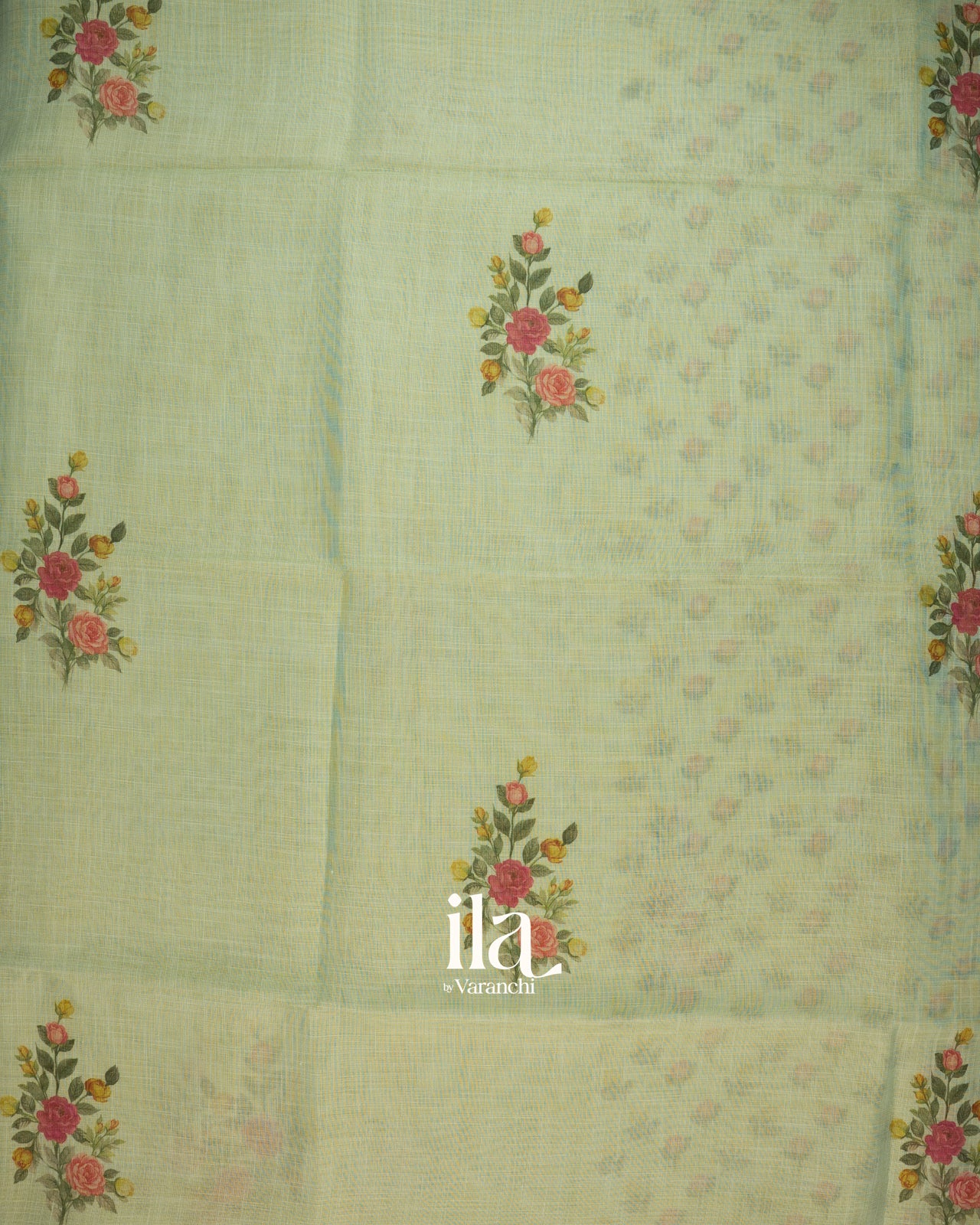 Pista Green Floral Printed Semi Linen Tissue Saree