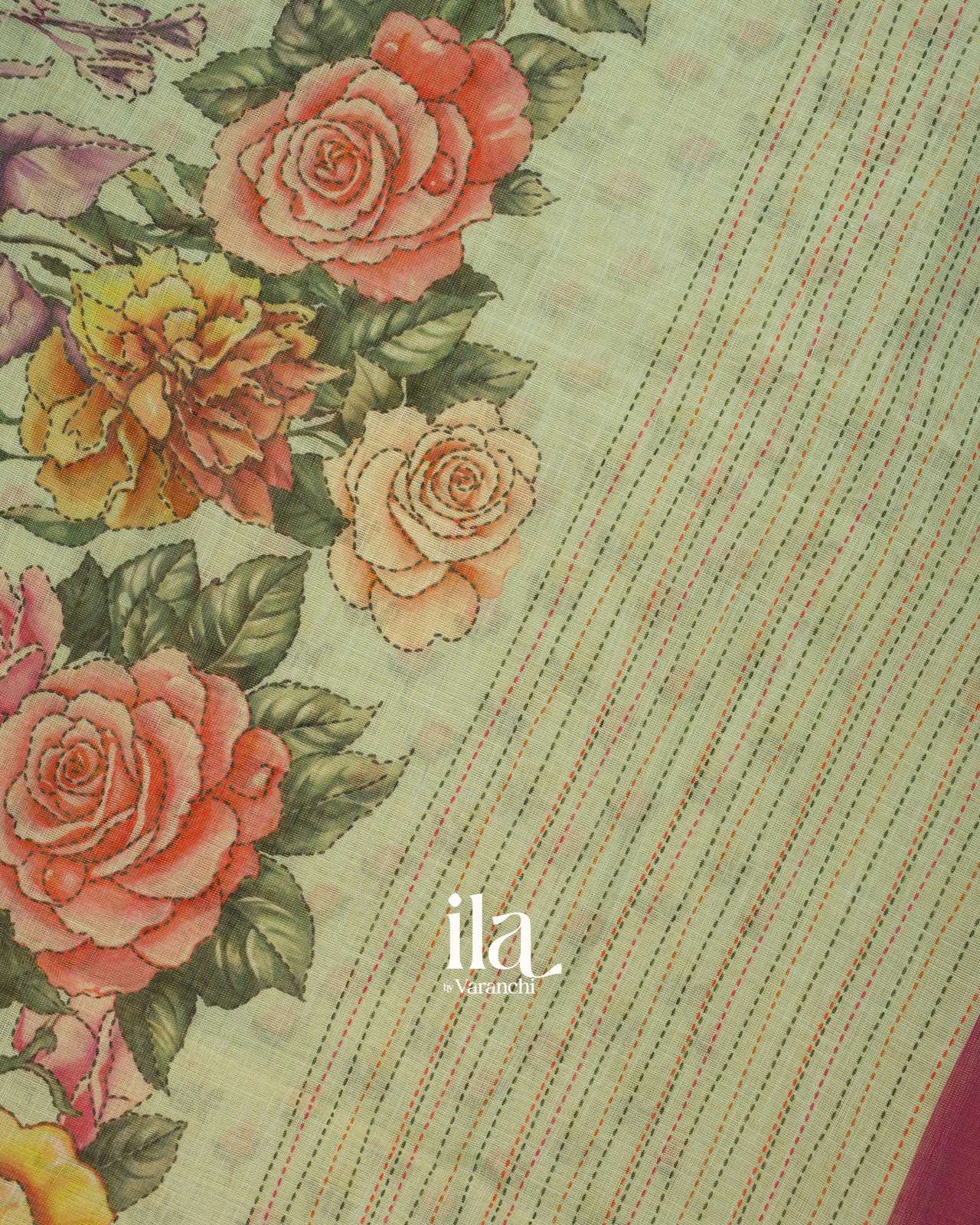 Pista Green Floral Printed Semi Linen Tissue Saree