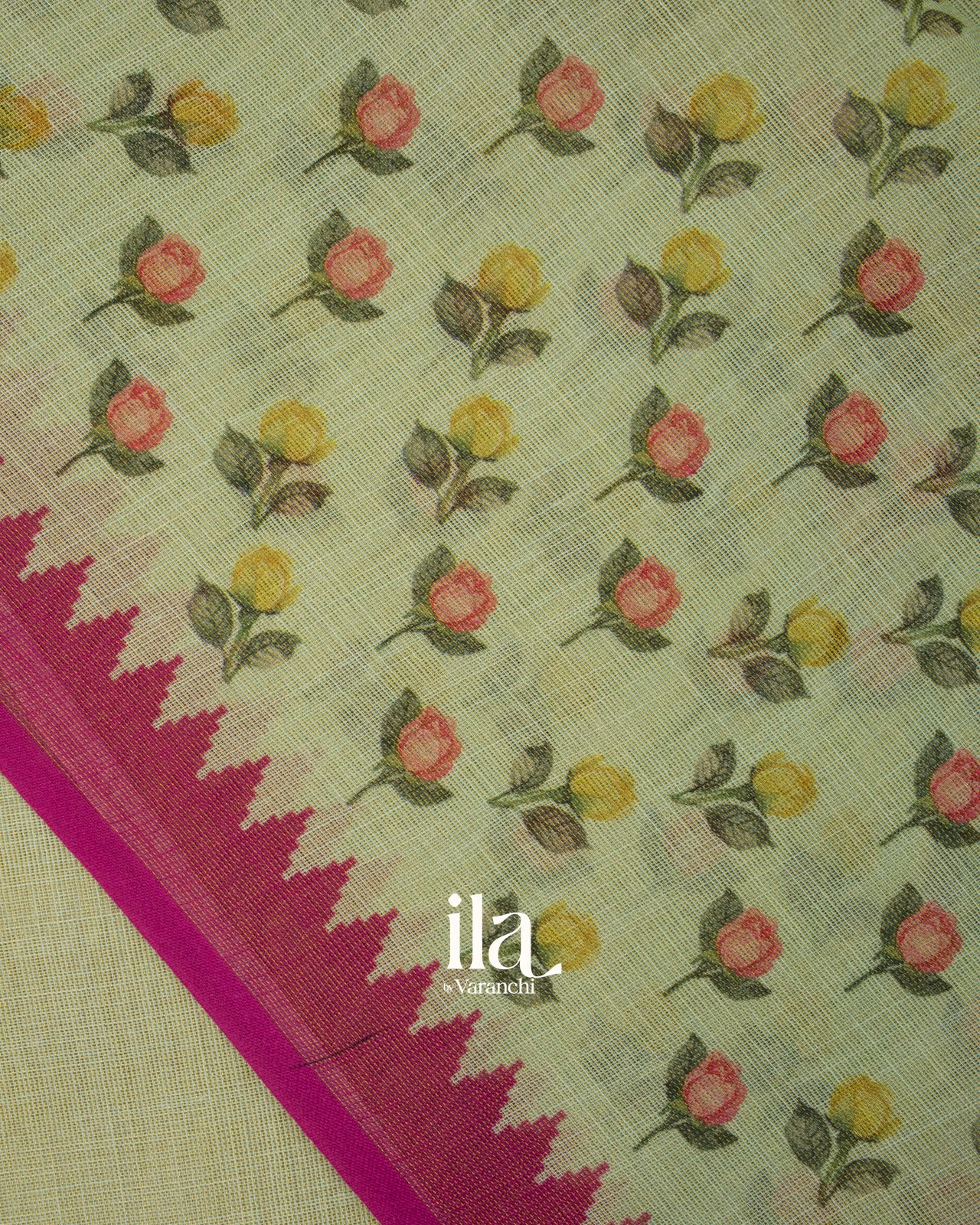 Pista Green Floral Printed Semi Linen Tissue Saree