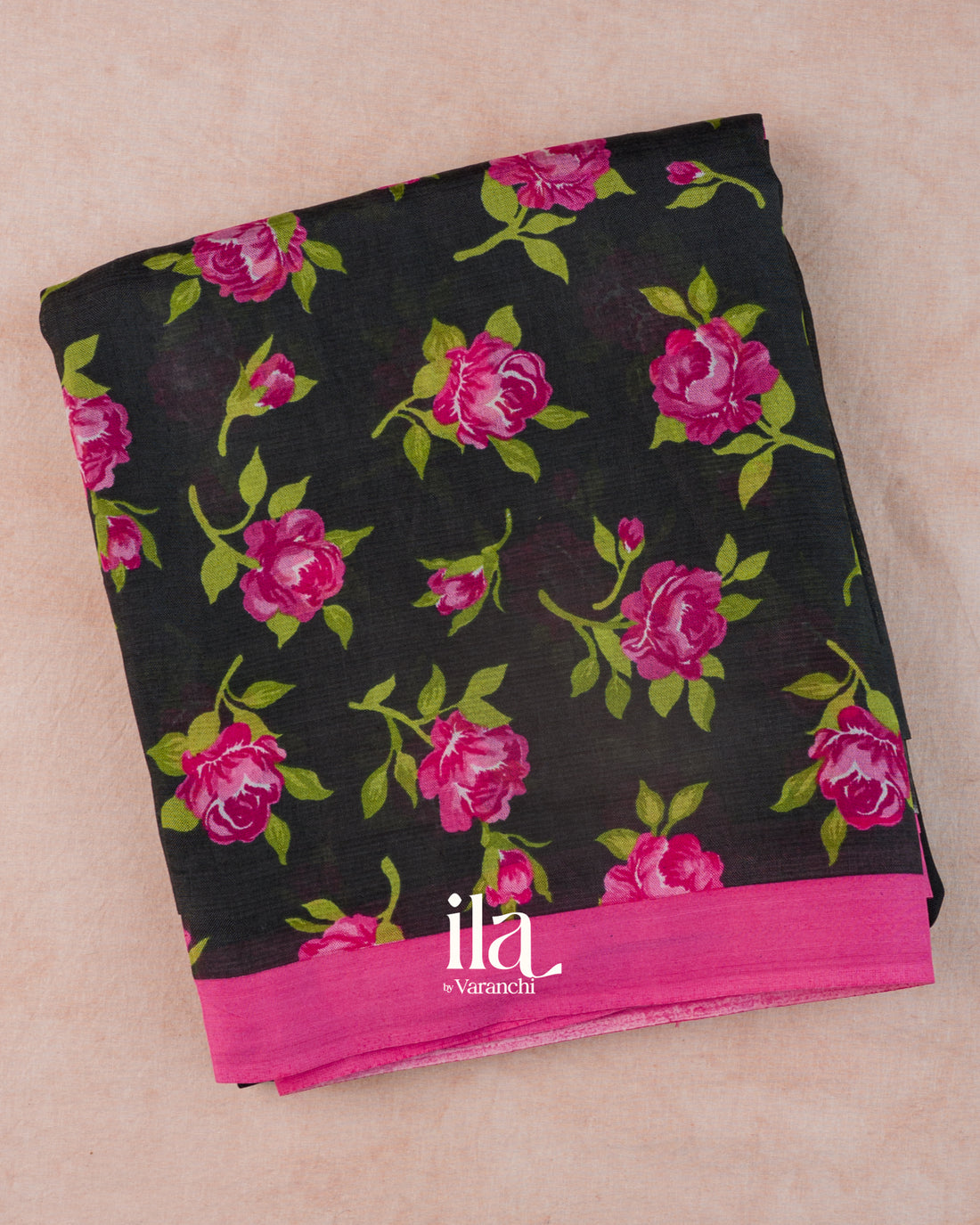 Black Floral Printed Semi Mangalgiri Saree