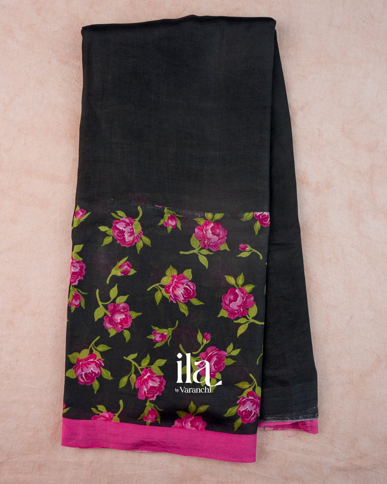 Black Floral Printed Semi Mangalgiri Saree