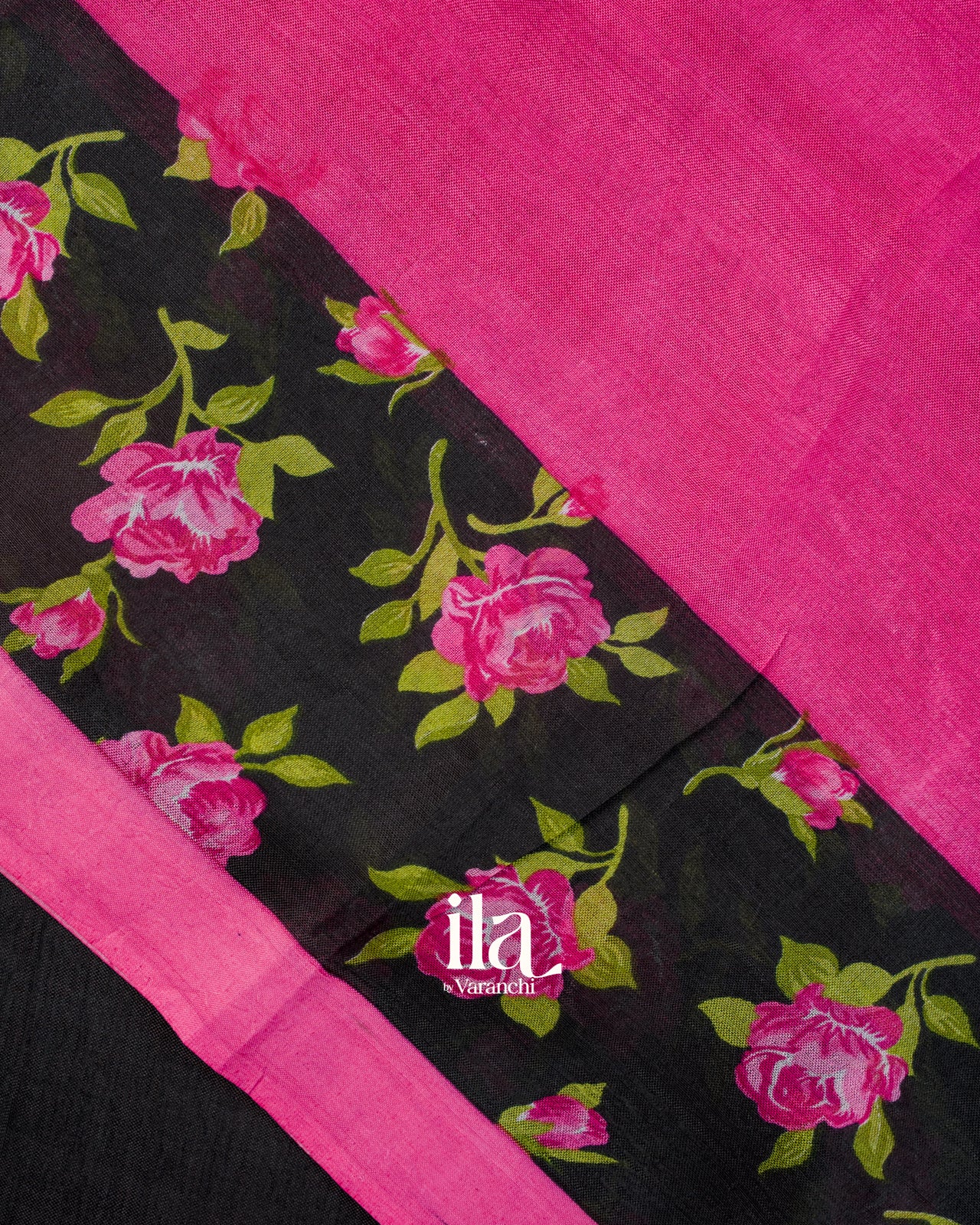 Black Floral Printed Semi Mangalgiri Saree