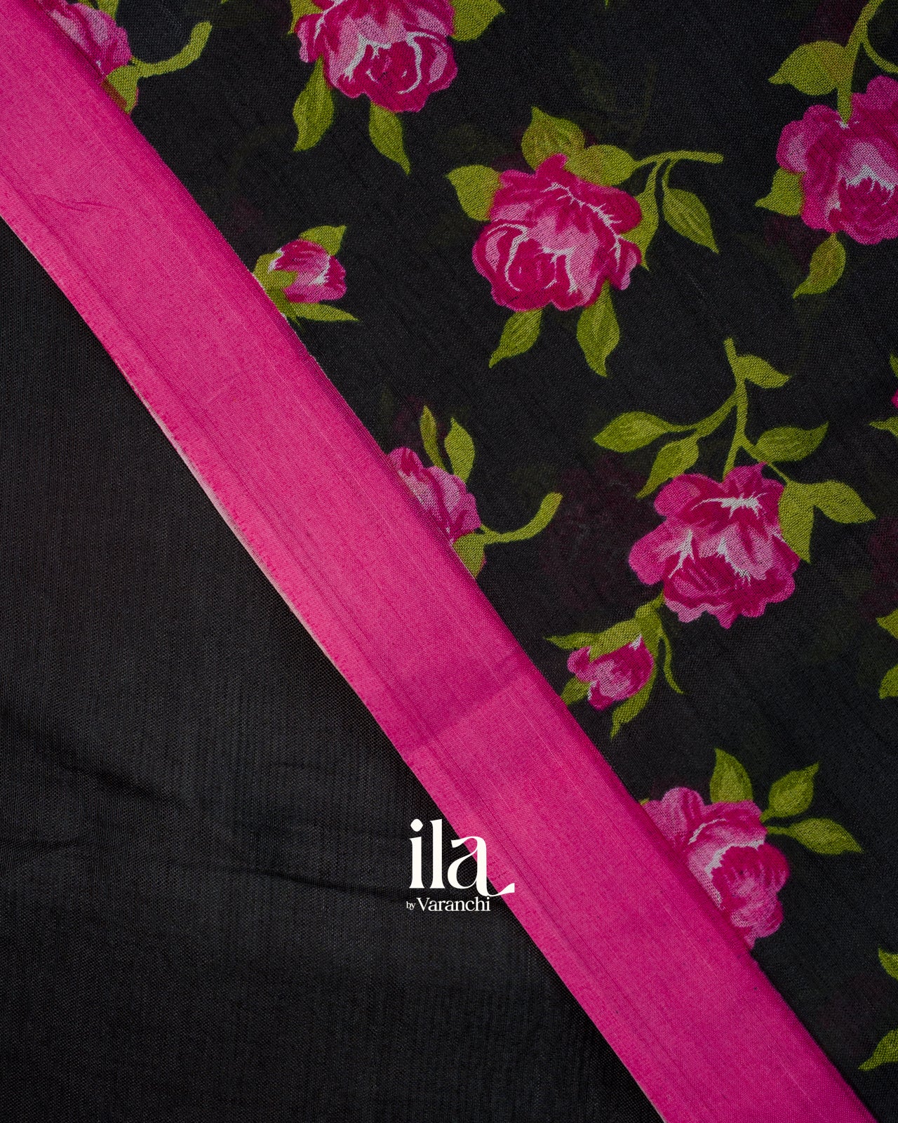 Black Floral Printed Semi Mangalgiri Saree